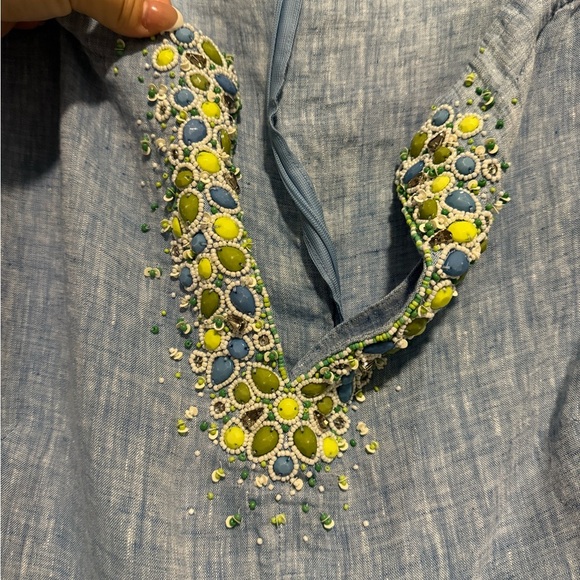 Lafayette 148 Beaded Linen Top Short  Sleeve Coastal V-neck Blouse Size 16 Blue - Picture 2 of 6